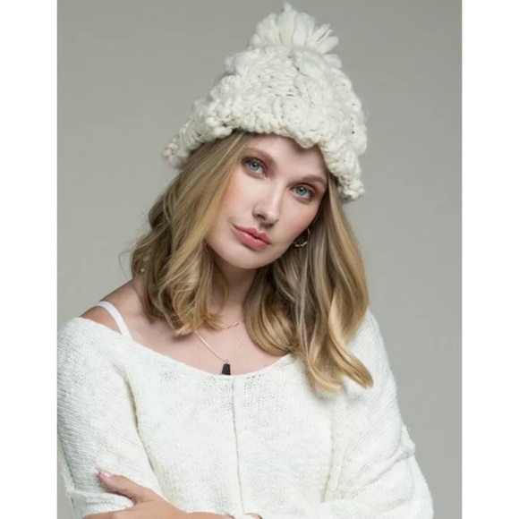 SOLD OUT Oatmeal Hand Knit Cable Pompom Winter Beanie - Picture 3 of 3